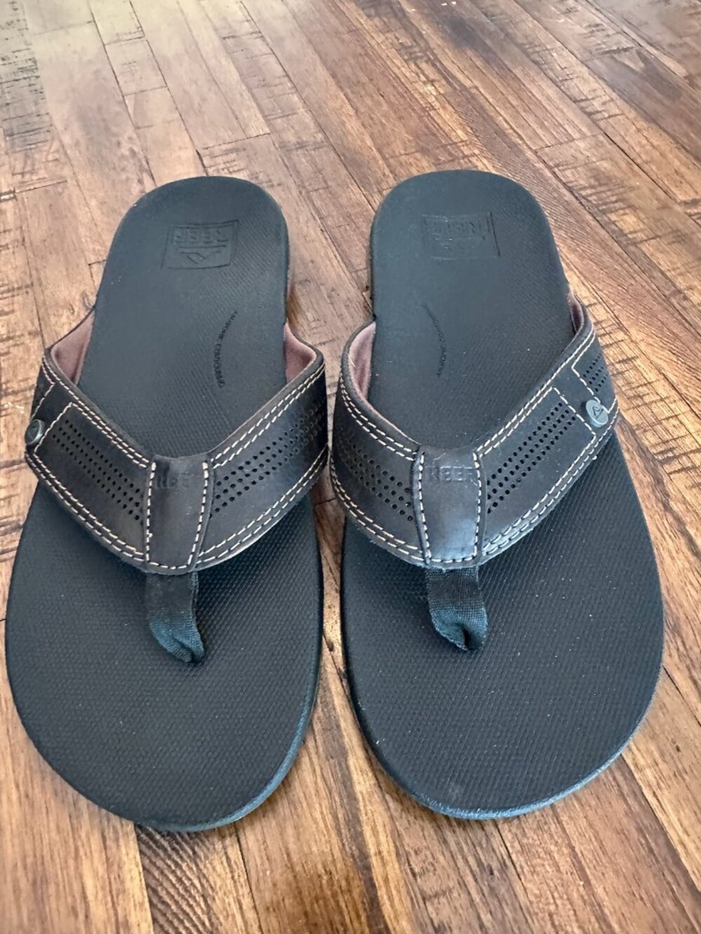 REEF Cushion Lux Men's Leather Flip Flops Black Brown Size 8